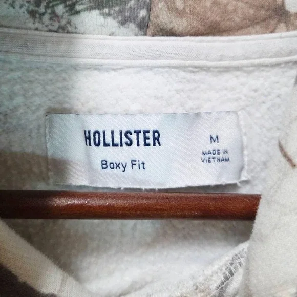 Hollister Boxy Fit Real Tree Fleece Hoodie Mens M Camo Sweatshirt Cream Y2K Zip - Picture 4 of 15